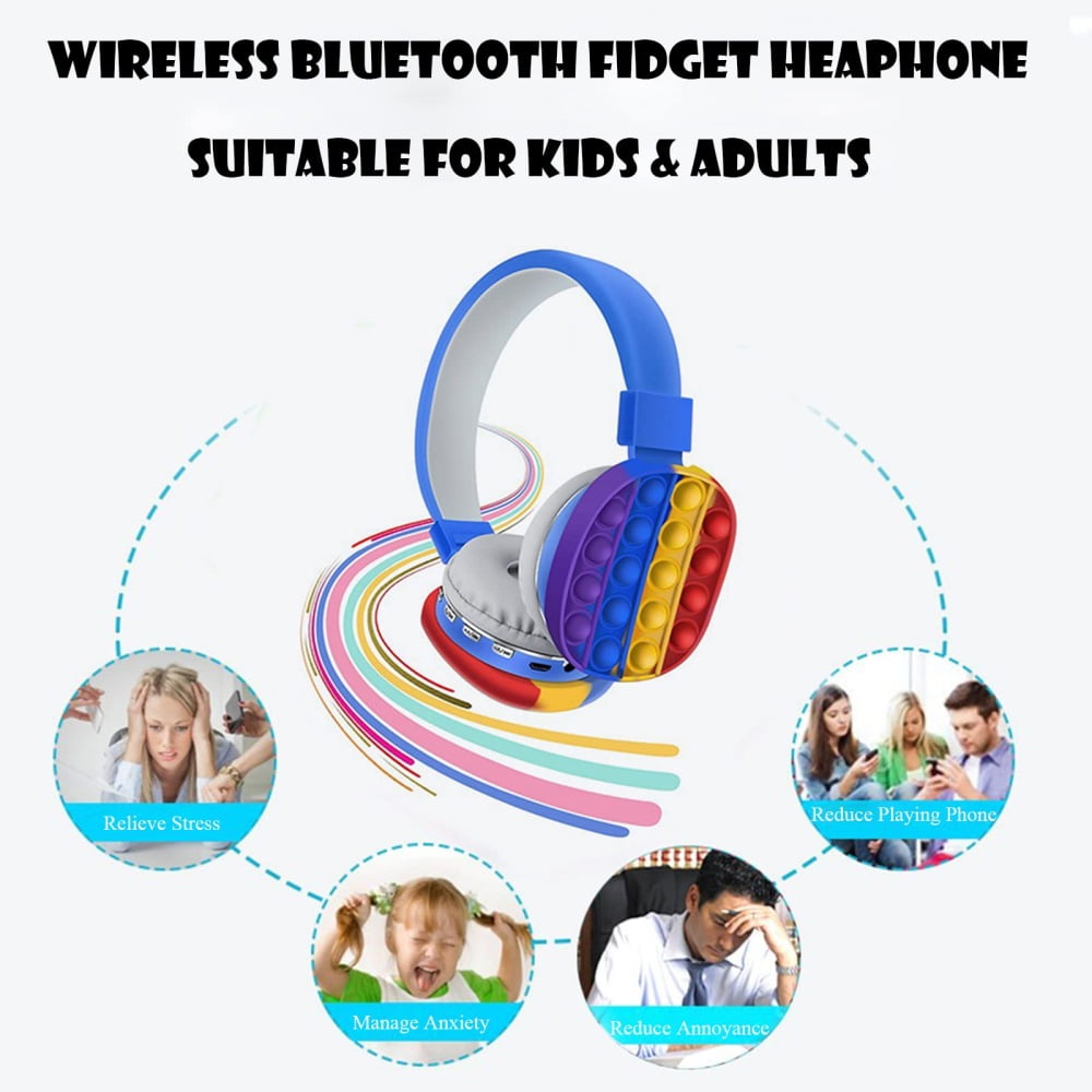 GORTES Fidget Headphones Kids Toy Headset, Wireless Bluetooth Headphone Pop Bubble On-Ear Headphone Fidget Toy Rainbow Color Fidget Headset for Children Adults (Blue)