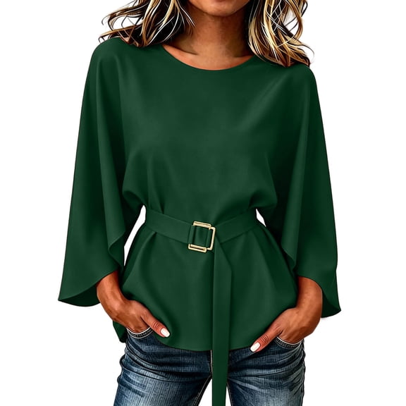 Edvintorg Tops for Women Trendy Flutter Sleeve Crew Neck Loose Casual Business Tunic Shirts with Belt Womens Clothing Green M