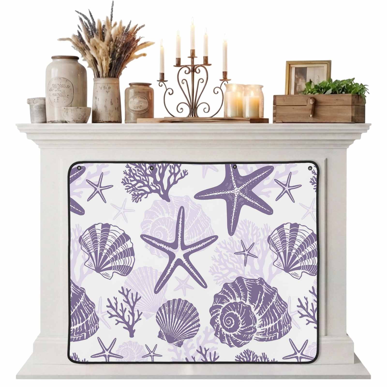Magnetic Fireplace Cover Coastal Starfish Shell Conch Fireplace Screen Purple Marine Life Insulation Fireplace Blocker Blanket Save Energy Fireplace Draft Stopper Covers for Living Room 45x34