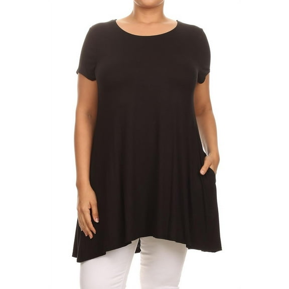 Women's Plus Size trendy style casual solid short sleeve side pocket tunic top