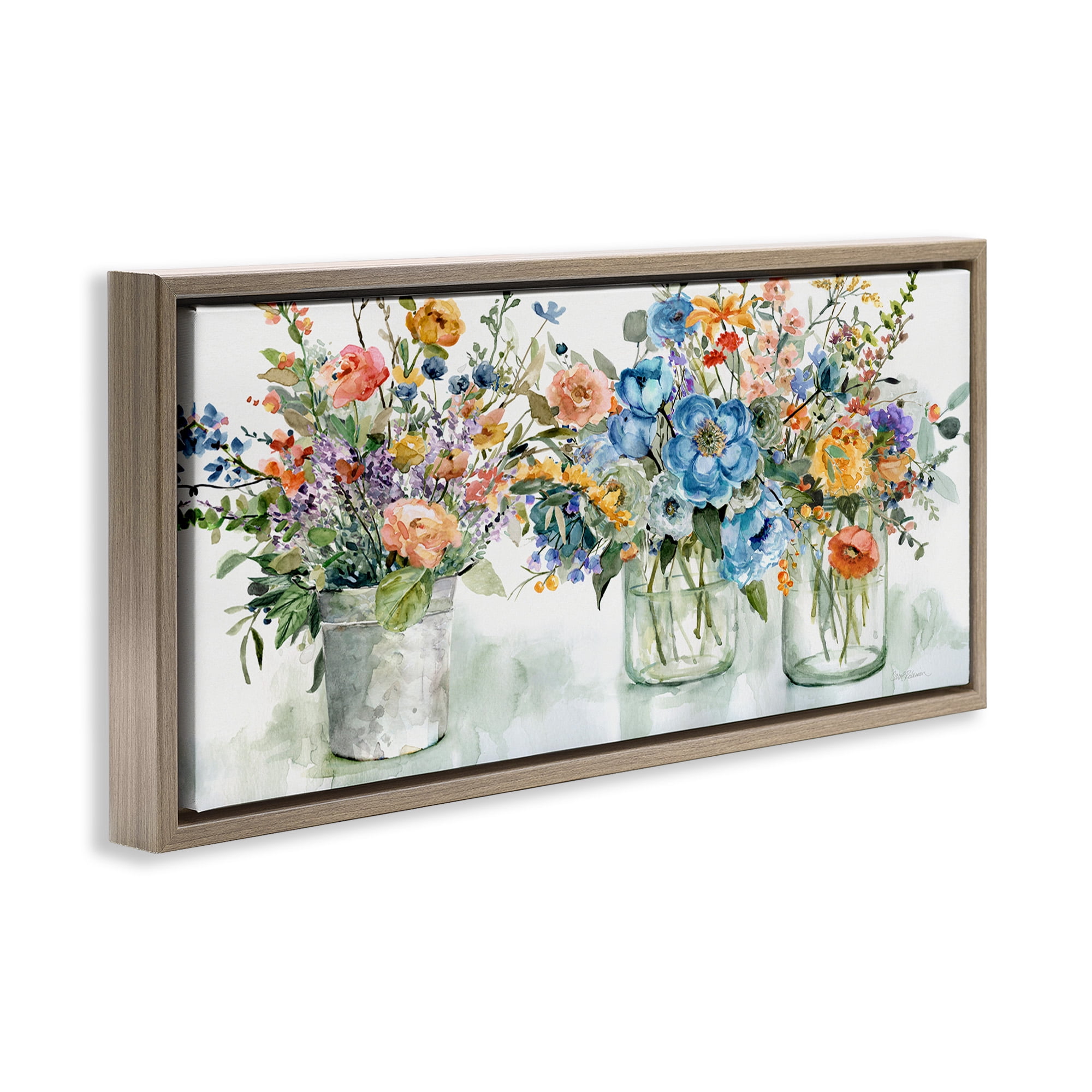 Stupell Industries French Cottage Flower Jars Botanical & Floral Painting Brown Floater Framed Canvas Art Print Wall Art, 25 x 11