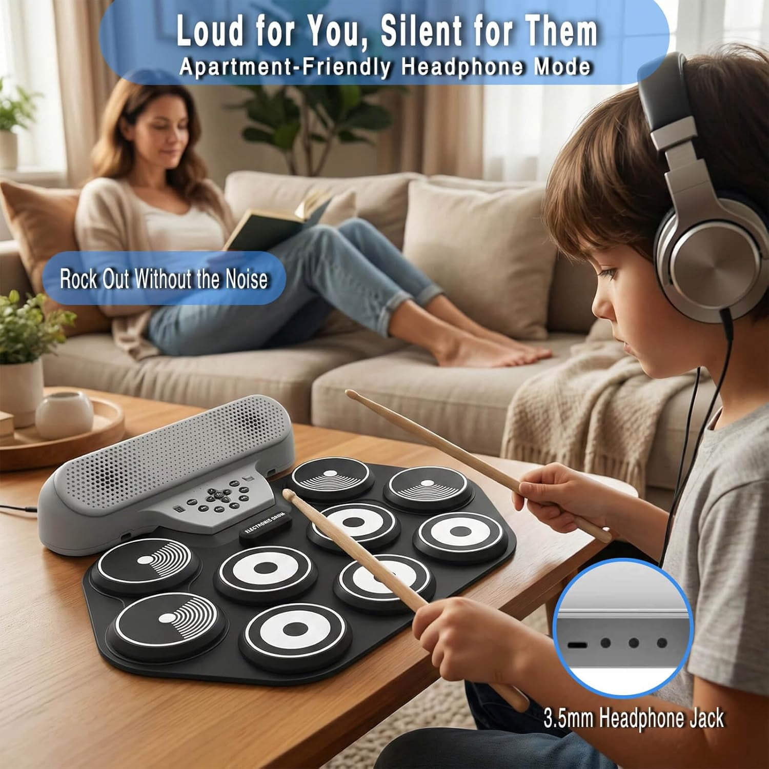 9-Pad Electric Drum Set for Kids & Beginners - Portable Roll Up Electronic Drum with 0.4" Thickened Pads, 10-Hour Rechargeable Battery, Headphone Jack - Supports DTX Games (Sticks & Pedals Included)