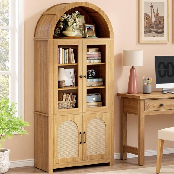 IRONCK 74.8" Tall Arched Bookshelf with 4 Doors, 6-Tier Wooden Bookcase with LED Lights for Home Office Living Room