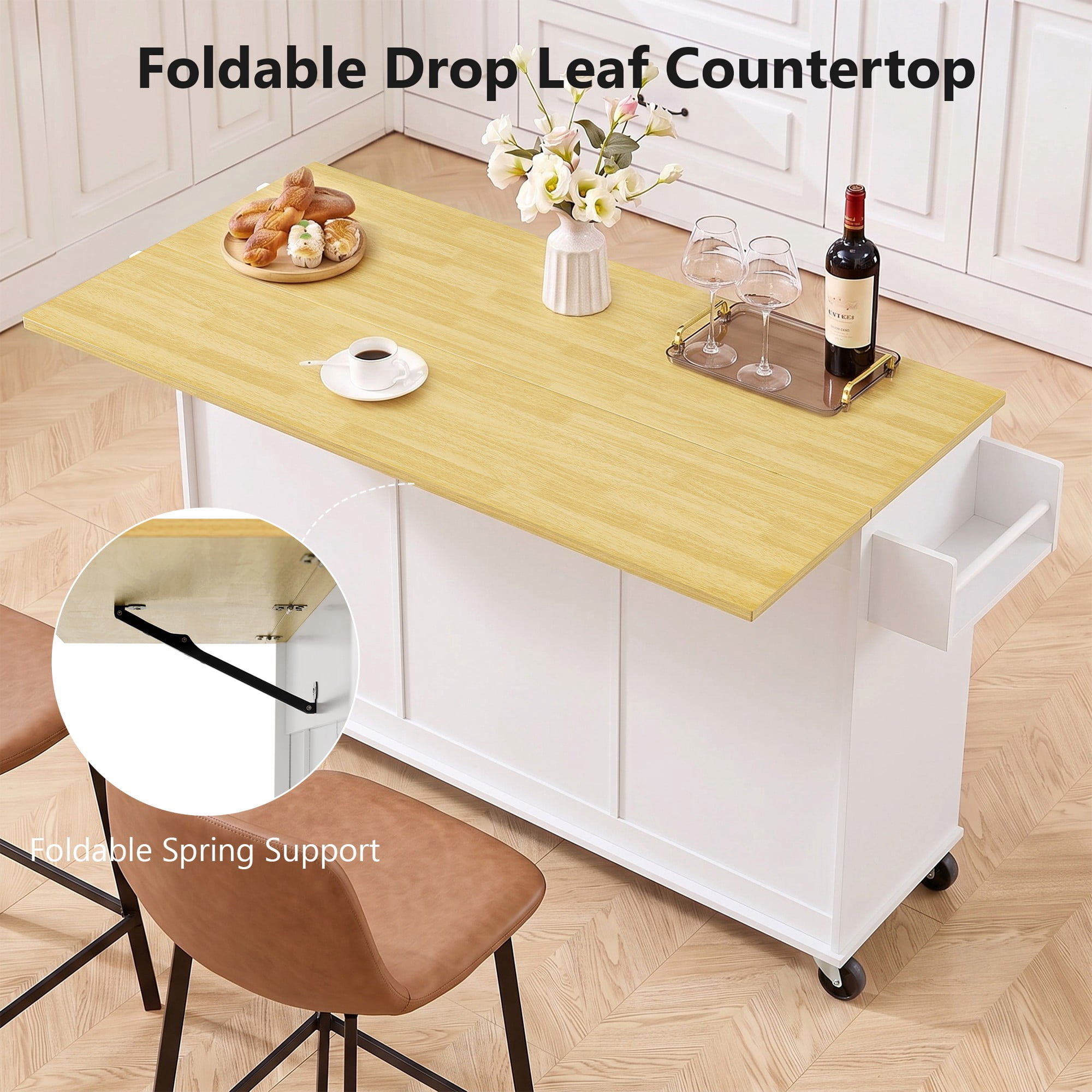 Rolling Kitchen Island Cart with Drop-Leaf, 3 Drawers, Cabinet, Spice Rack, Towel Rack, 5 Casters, 250 lbs Capacity, Mobile Storage for Kitchen Dining