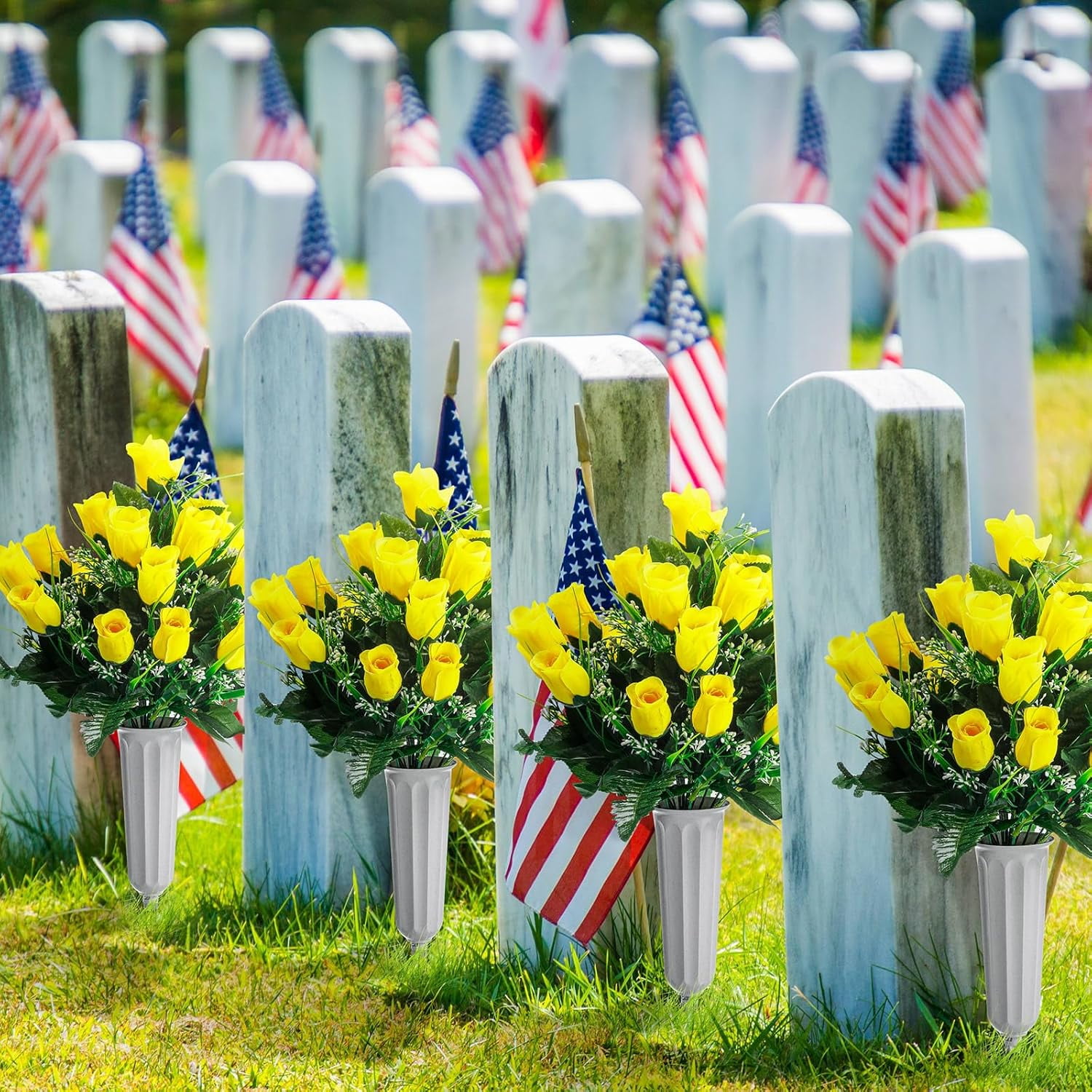 Cemetery Flowers for Grave 96 Heads Artificial Rose Bouquet Arrangement with Vase Silk Memorial Flowers for Christmas Memorial Day(Yellow)