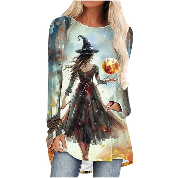 YUGYXL Women's Midsummer Witches T-Shirt Halloween Witch Party Shirts Long Tunics Tops to Wear with Leggings Black XXL