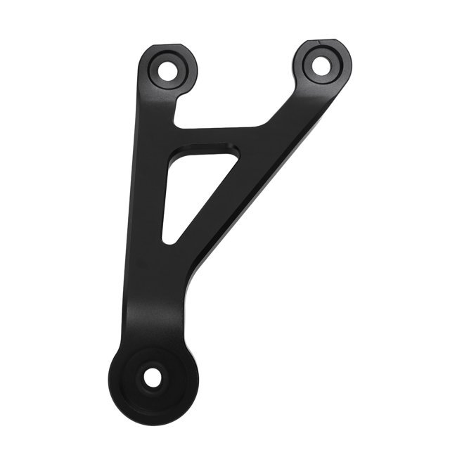 soporte de escape anggrek soporte de suspensión de escape de motocicleta negro cnc para z 900 z900 2017 a 2023 Vista frontal del soporte de escape en aluminio CNC negro, silueta triangular con tres orificios de montaje circulares y refuerzo central recortado, acabado mate; diseñado para Z 900 Z900 2017-2023 y suele emplearse para reducir vibraciones del tubo de escape.