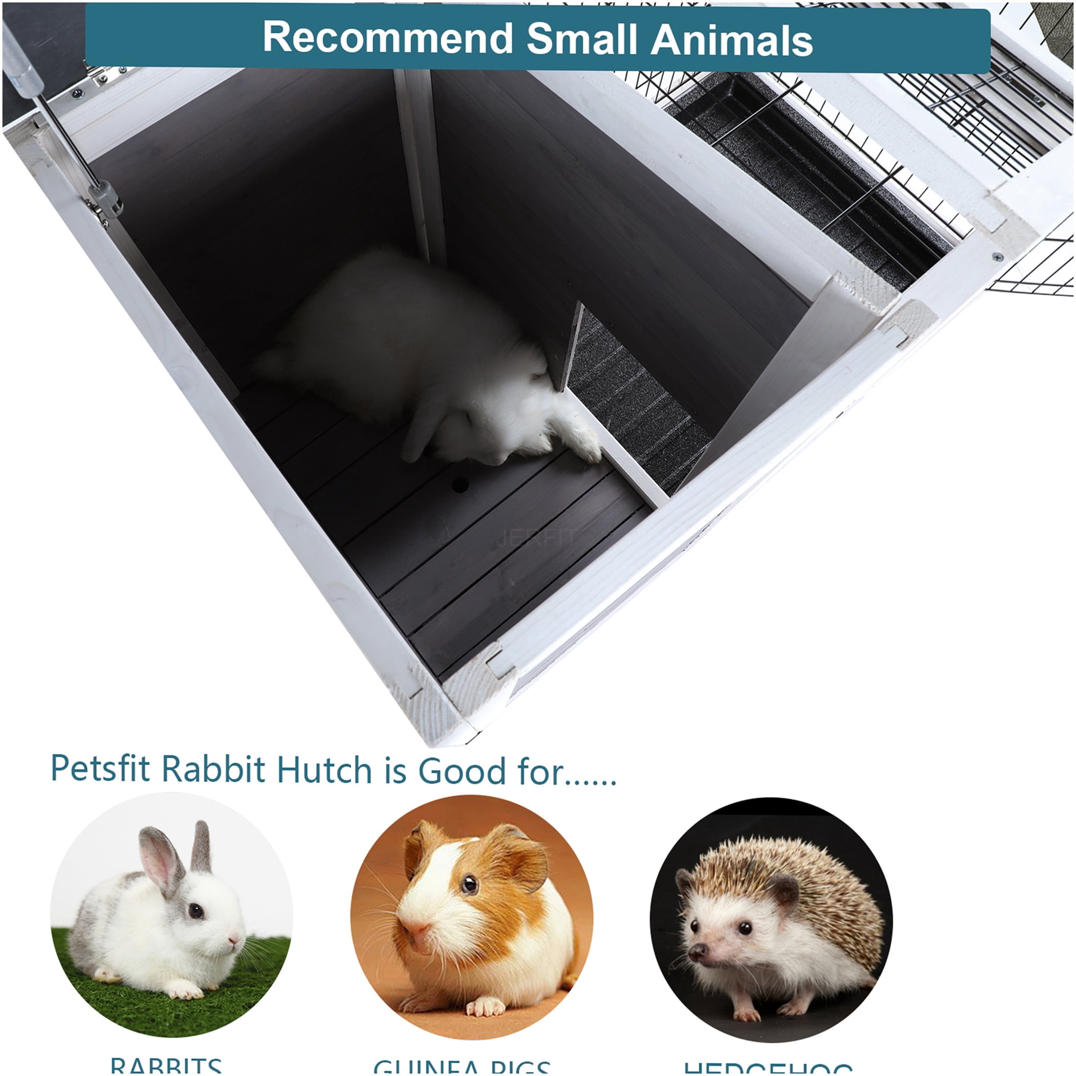 JERFIT 2-Story Outdoor Rabbit Hutch with Waterproof Roof & Leak-Proof Tray, Spacious Wooden Cage for Rabbits, Guinea Pigs, Ferrets, Grey
