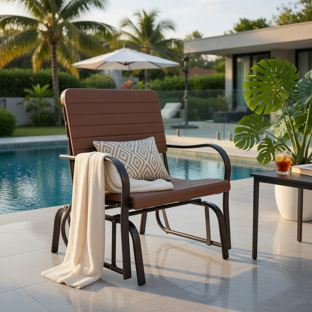 Hommoo 2-Person Outdoor Porch Glider Chair, Heavy-Duty Steel Frame with Weather-Resistant HDPE Seat & Back, Brown