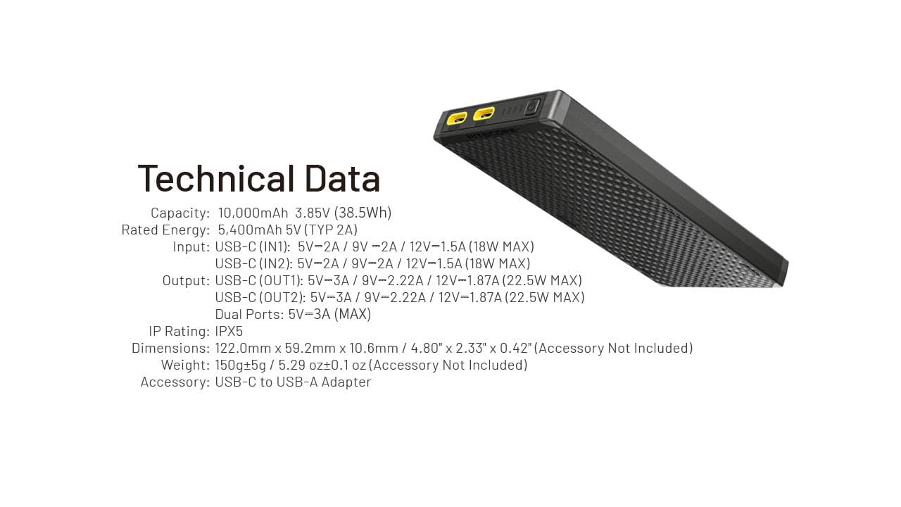 Nitecore NB10000 Gen 3 Ultra-Slim USB-C Power Bank, Black