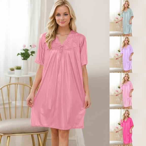 Aboser Womens V Neck Tunic Nightshirts Cooling Short Sleeve Sleepwear Loose Fit Cozy Nightgowns Soft Pajama Dress Casual Above Knee Night Gown