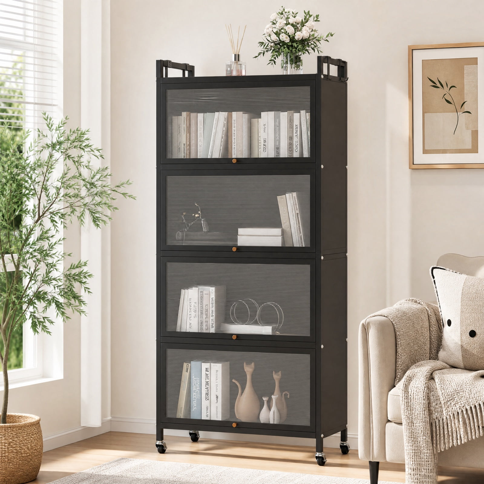 Furnibear 5 Tier Kitchen Storage Cabinet with 4 Flip Up Doors Rolling Wheels and Hooks Tall Metal Pantry for Kitchen and Garage, Black