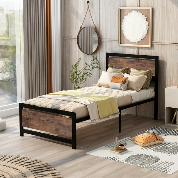Platform Bed Frame With Wood Headboard, Country Style King Bed Frames With Headboard