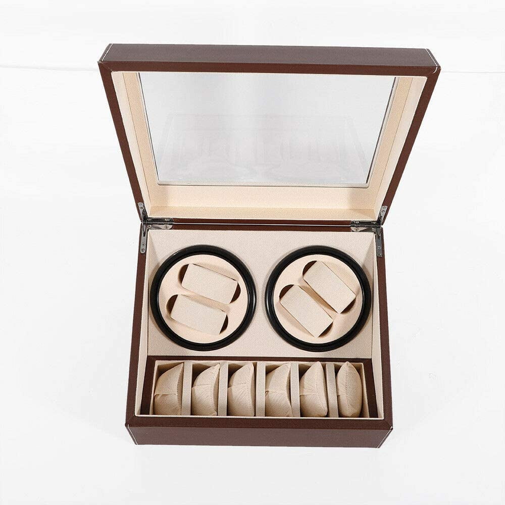 DENEST 4+6 Automatic Watch Winder Leather Storage Case with Top Clear Glass Window (Brown)