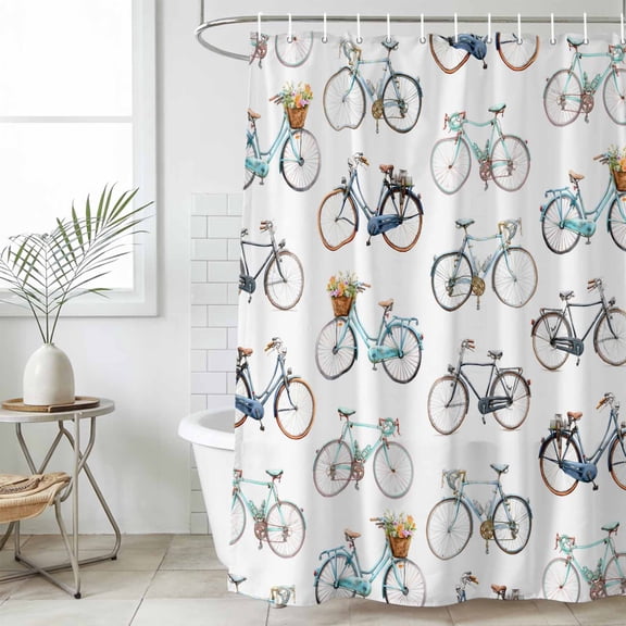 Bicycles Small Stall Shower Curtain, Waterproof Shower Curtains for Bathroom, White Vintage Vehicle Modern Abstract Art Washable Fabric Bath Curtain for Bathtub Decoration with Hooks 36x78 Inches