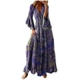 thumbnail image 2 of LOVZFMLL Mode Femmes Col en V Imprimé Manches 3/4 Patchwork Robe Longue Décontractée Violet P, 2 of 6