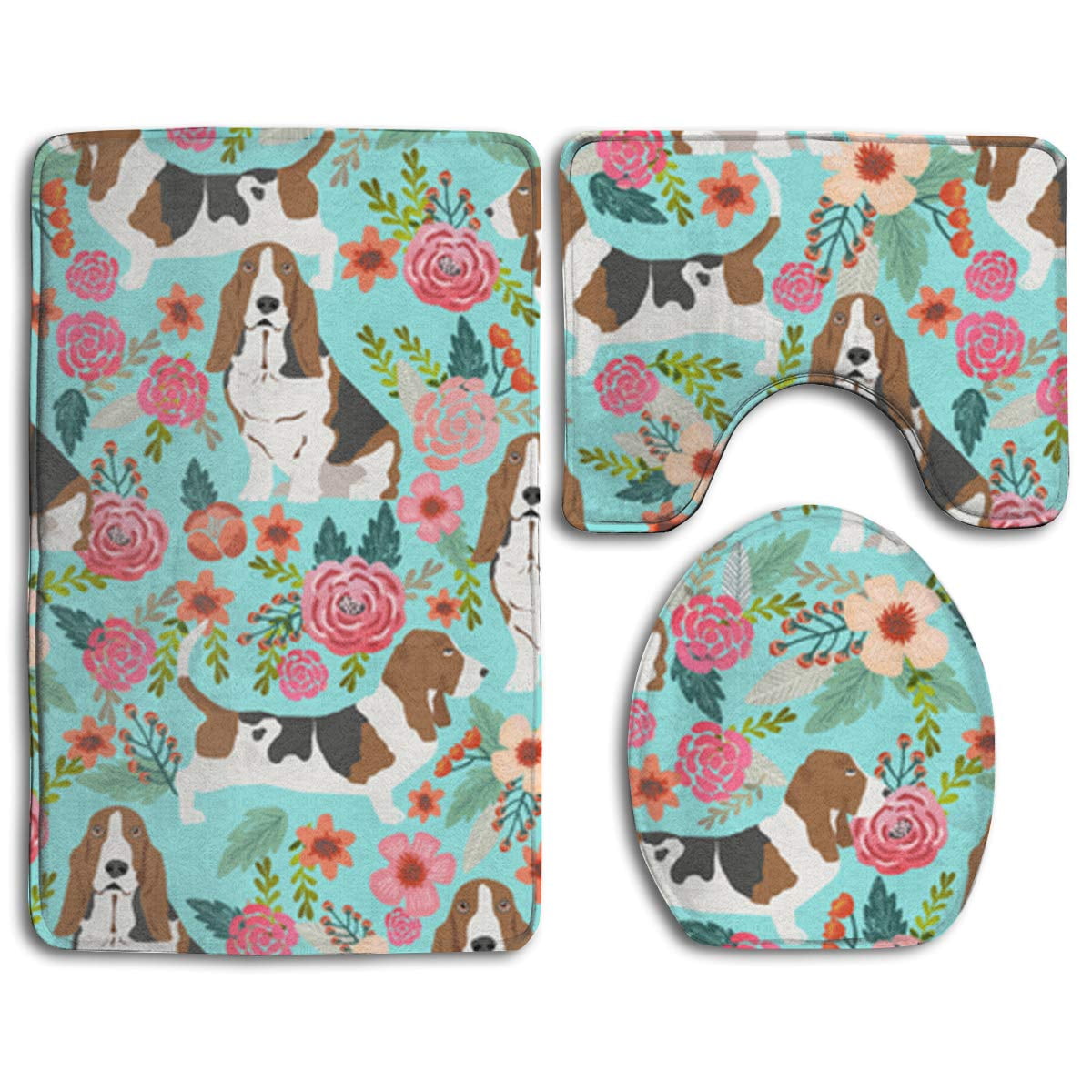 GOHAO Sweet Basset Hound and Vintage Florals 3 Piece Bathroom Rugs Set Bath Rug Contour Mat and Toilet Lid Cover