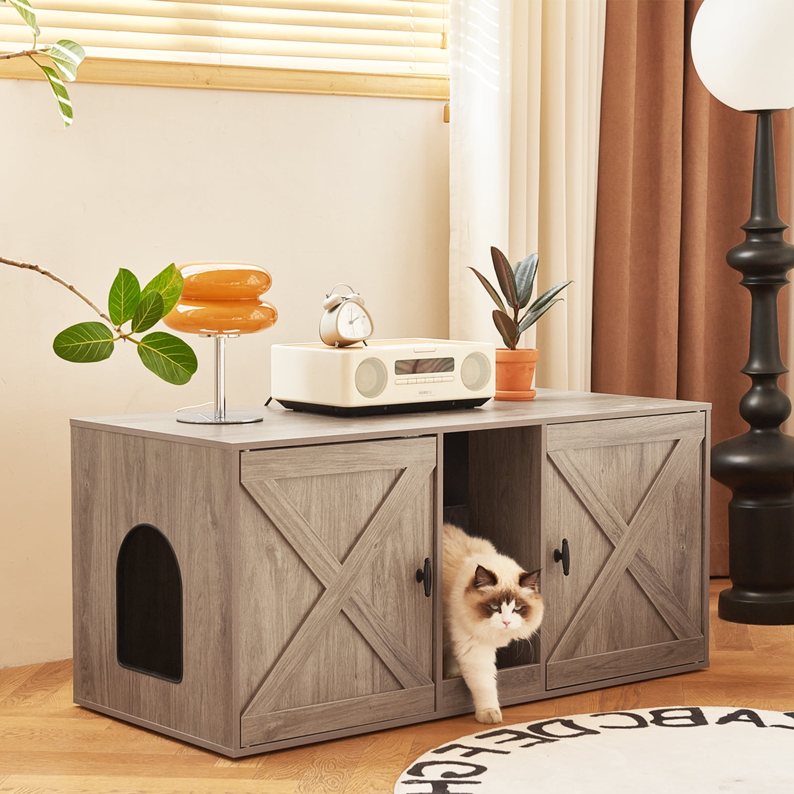 JanflyHome Hidden Cat Litter Box Enclosure, 42.5" Litter Box Furniture with Removable Cat Scratching Board Indoor for Living Room, Farmhouse Greige