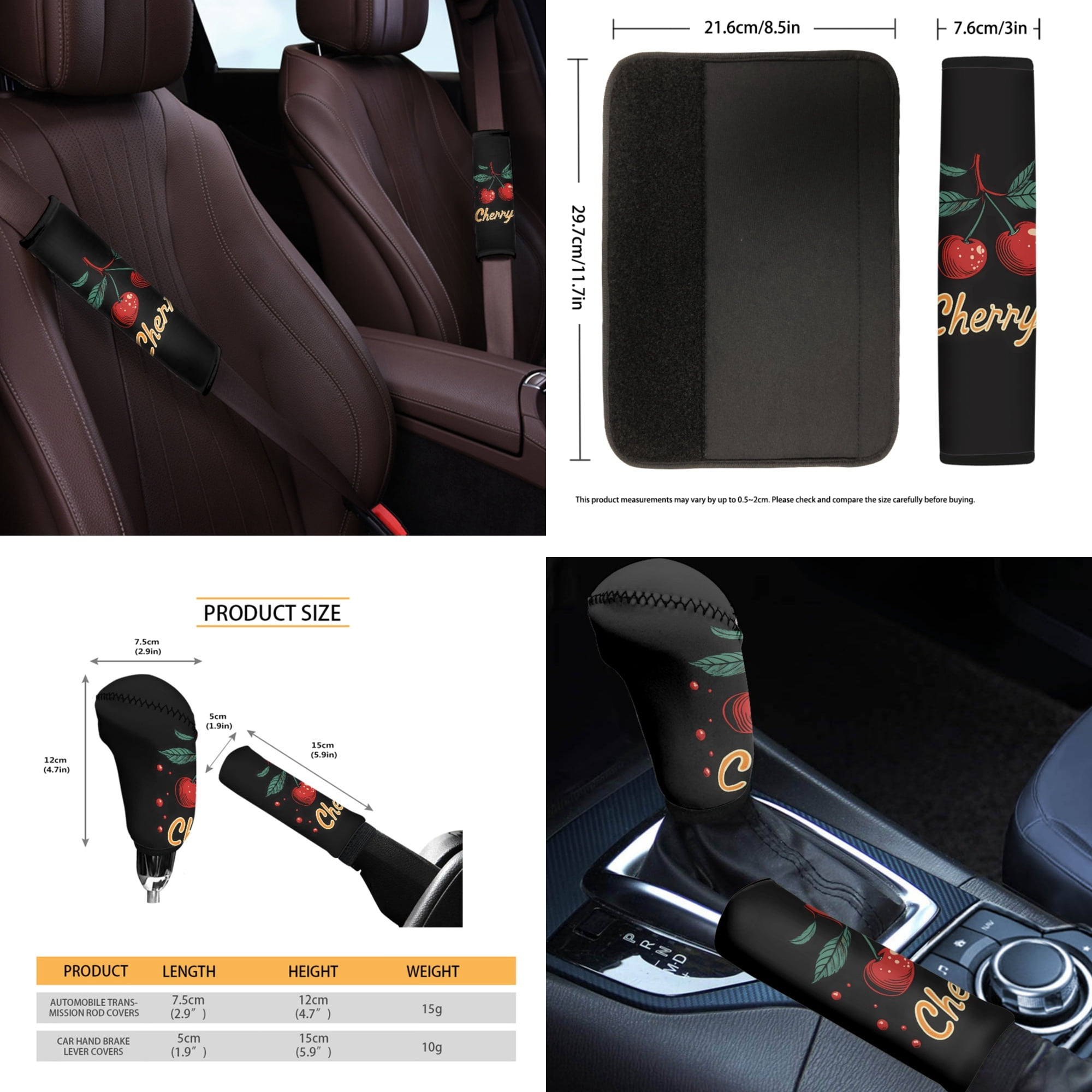 Yuyamidu 14pcs Cherry Car Seat Cover Protector with Steering Wheel Cover Seatbelt Pads Cute Auto Armrest Cover Trash Bin Rearview Mirror Cover Handbrake Cover Set Cup Holders for Women