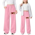 thumbnail image 2 of LRen Girl's Bowknot Baggy Sweatpants Lightweight Straight Leg Athletic Pants with Pockets Back To School Sweat Pants,Pink,13-14 Years, 2 of 5