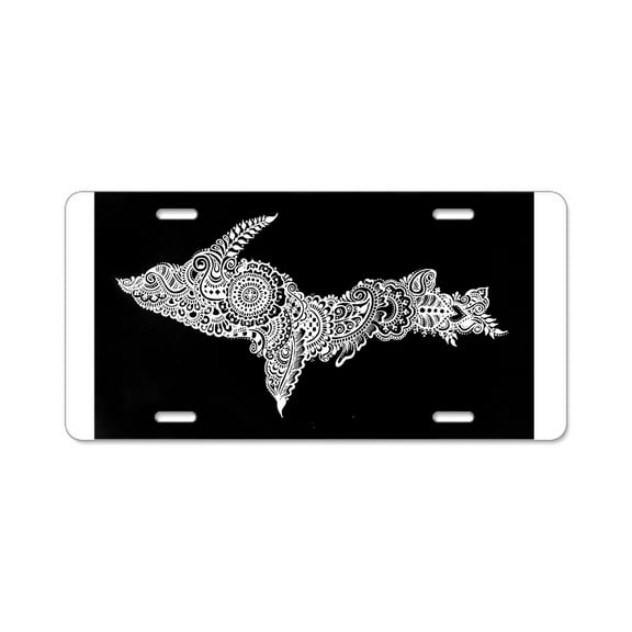 CafePress - Michigan's Upper Peninsula White On Black Aluminum - Aluminum License Plate, Front License Plate, Vanity Tag