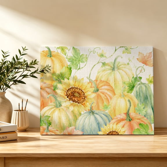 Thanksgiving Canvas Wall Art, Rustic Yellow Pumpkin Vines Sunflower Linen Texture Wall Art Prints Artwork Framed Canvas Ready to Hang Art Pictures for Study Living Dining Room Bedroom 20" x 16"