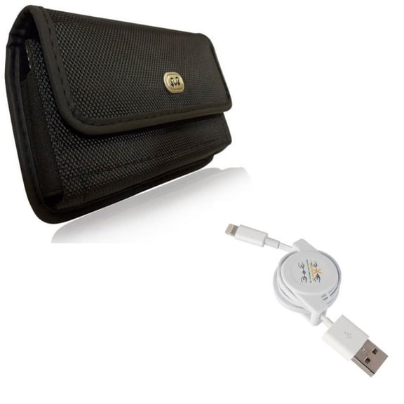 Retractable USB Cable w Rugged Case Belt Clip for iPhone XS Max/8 PLUS/7 Plus/6S Plus/6 Plus - Charger Power Cord Sync Wire and Holster Canvas Cover Pouch Carry
