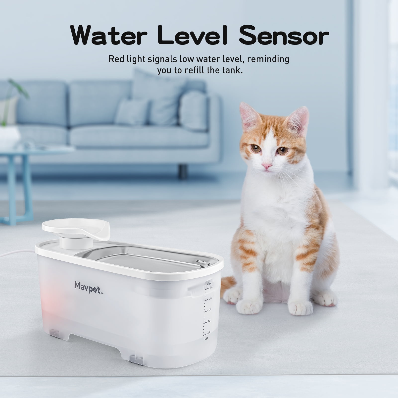 Mavpet 2.5L/84oz Ultra Quiet Cat Water Fountain, Visible Water Level Water Fountain with 2 Filters