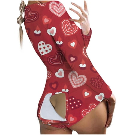 

Ma&Baby Women Valentine s Day Pajamas Onesies Butt Flap Long Sleeve V Neck Romper Jumpsuit