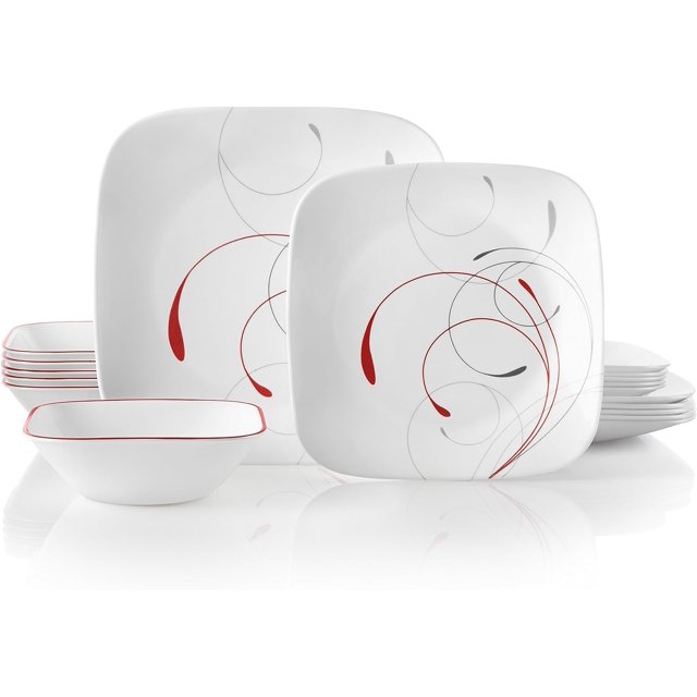 Corelle Vitrelle 18-Piece Service for 6 Dinnerware Set Triple Layer Glass and Chip Resistant, Lightweight Square Plates and Bowls Set, Splendor