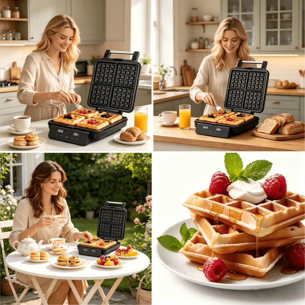 SUNVIVI 4-in-1 Waffle Maker: Quick Heat-Up, Nonstick, 4 Slices, Stainless Steel
