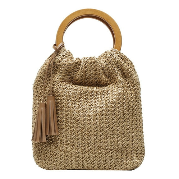 Masteelf 1Pc Versatile Woven Straw Bag Round Wooden Handle Handbag Shoulder Bag for Women