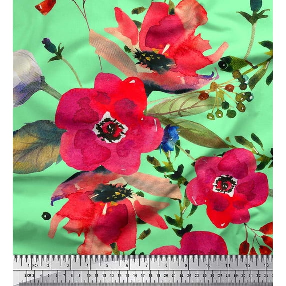 Soimoi Rayon Fabric Leaves & Poppy Flower Printed Fabric 1 Yard 56 Inch Wide