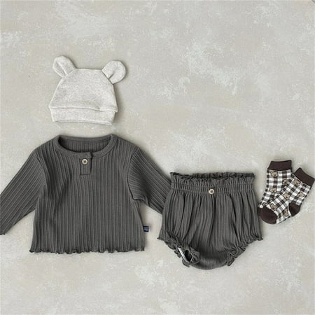 

NECHOLOGY Baby Girls Boys Summer Autumn Solid Ribbed Cotton Long Sleeve Short Pants Tshirt Shorts Set Pant Set Boy Childrenscostume Dark Gray 6-12 Months