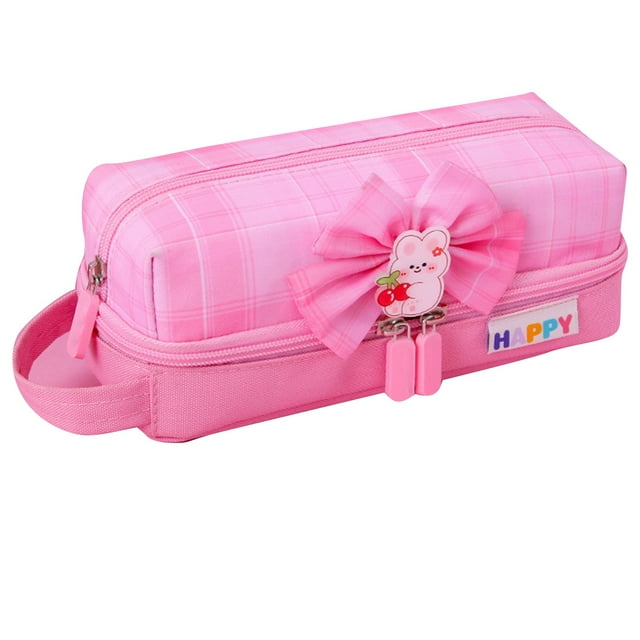 Estuche para lápices de gran capacidad con almacenamiento en capas, decoración de lazo, tela Oxford, estuche de papelería para niñas, escuela, color rosa