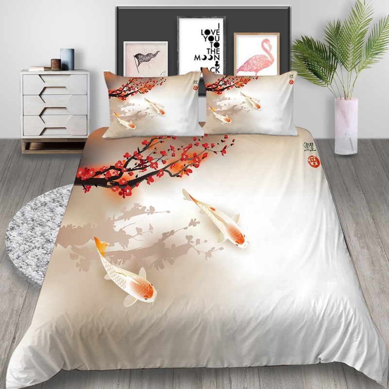 Japanese Duvet Cover Set Koi Carp Fish Couple Swimming Cherry Blossom