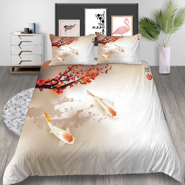 Japanese Duvet Cover Set Koi Carp Fish Couple Swimming Cherry Blossom