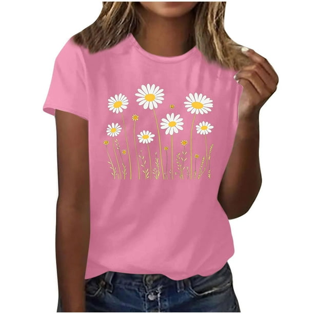 Camisas de Manga Corta para las Mujeres Moda Casual Impresión Cuello Redondo Suéter Tee Blusas