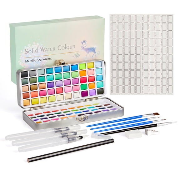Watercolor Paint Set 100 Colors with Metallic and Pearlescent Shades, Compact Travel Kit with Brushes and Water Pens for Artists Beginners DIY
