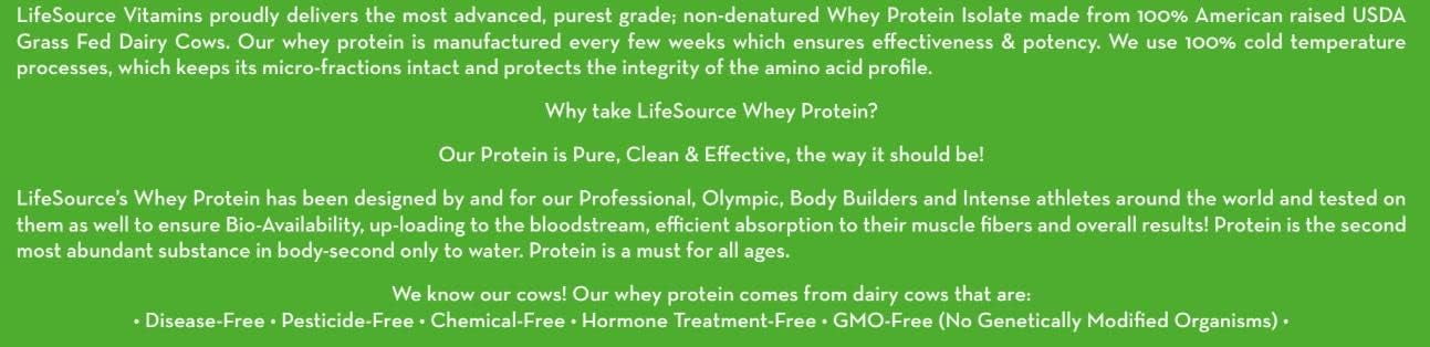 LifeSource Vitamins 1.1 lbs Grass Fed Whey Protein Isolate - Creamy French Vanilla w/Stevia