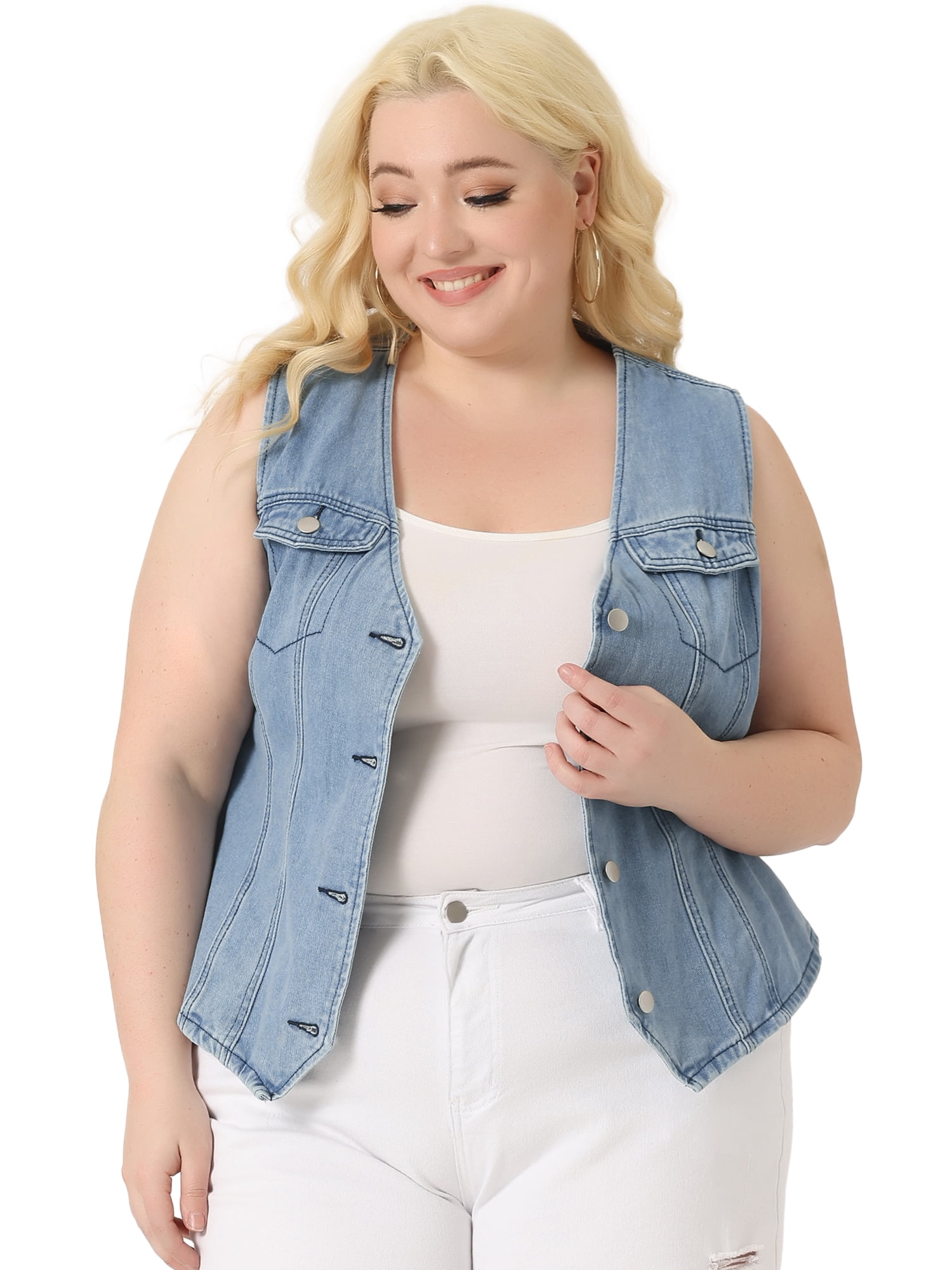 DARING DIVA Women's Plus Size V Neck Sleeveless Utility Denim Vests 1X Light Blue