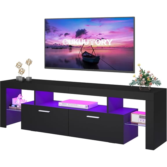 Modern Lighting 63 inch TV Stand with Large Storage Drawer for 50 55 60 65 70 75 Inch TVs, TV Console with 20 Color LED Lights, Entertainment Center Media and Open Shelf for Bedroom, Black