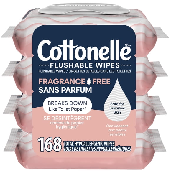 Cottonelle Fragrance Free Flushable Wet Wipes, 4 Flip-Top packs