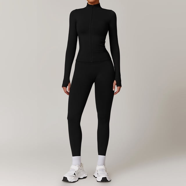 Top-kevin 2 Piece Seamless Ribbed Workout Sets With Zip Up Jacket High Waisted Gym Yoga Leggings