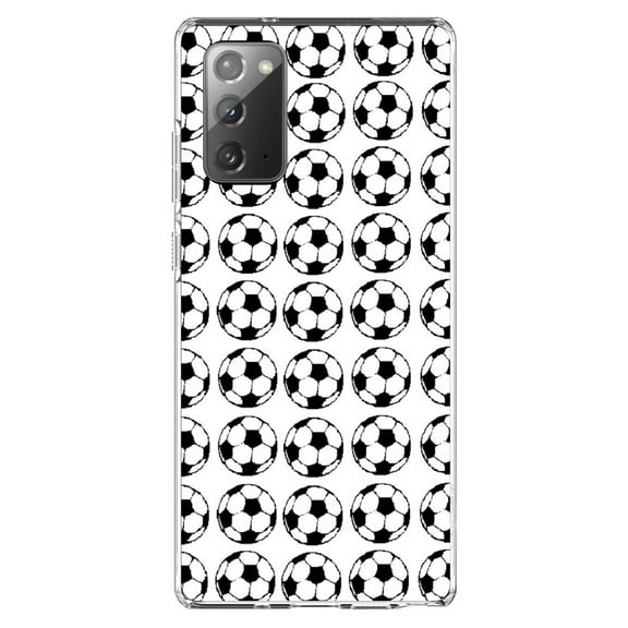 DistinctInk Clear Shockproof Hybrid Case for Galaxy Note 20 ULTRA (6.9" Screen) - TPU Bumper, Acrylic Back, Tempered Glass Screen Protector - Soccer Balls Drawing