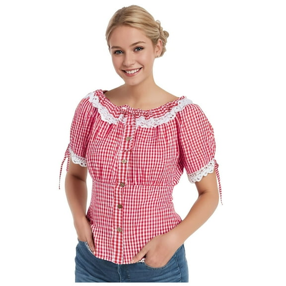 Women's Oktoberfest Plaid Lace Patchwork Short Sleeve Shirt With Button Decoration Slim Fit Bavarian Top
