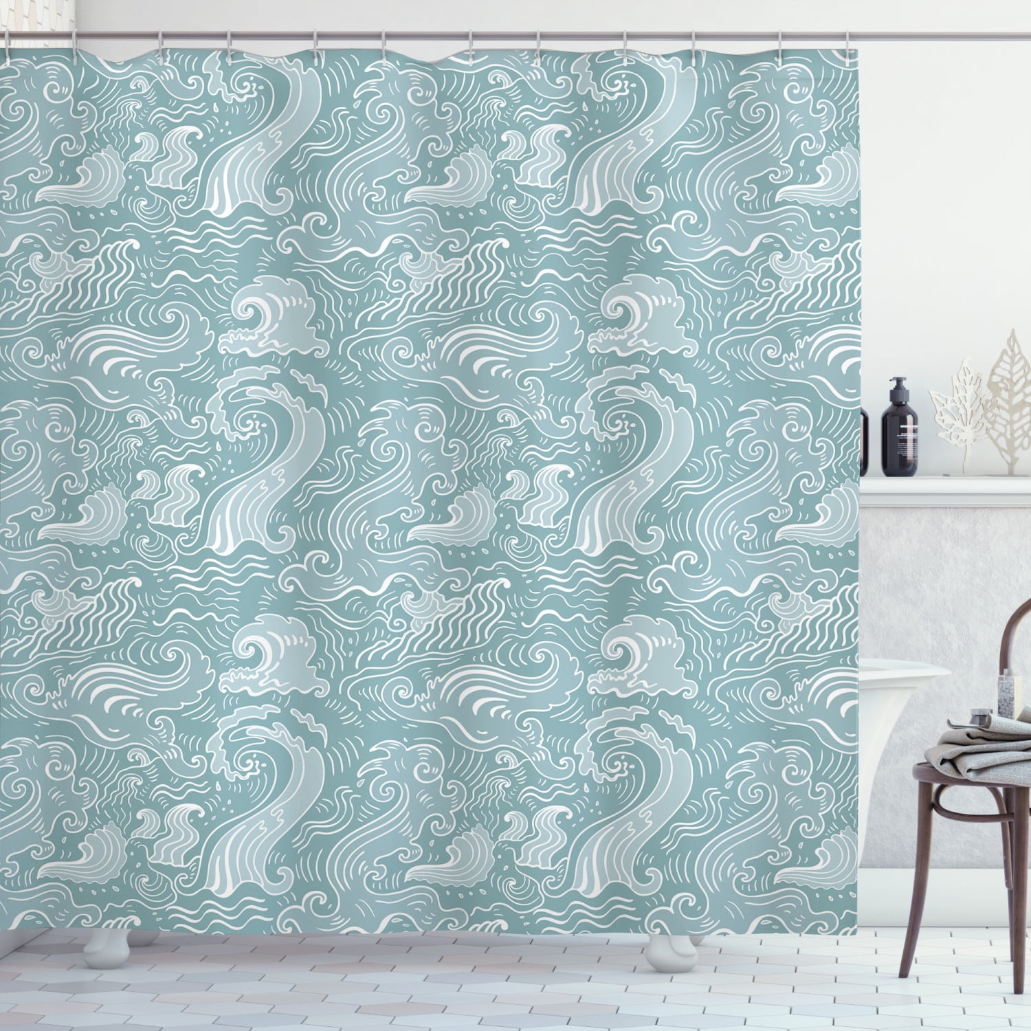 Abstract Shower Curtain, Funky Sea Waves Print Drawn by Hand Seascape