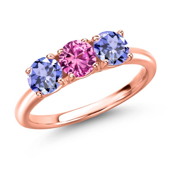 Gem Stone King 18K Rose Gold Plated Silver Pink Created Sapphire and Blue Tanzanite Engagement Ring for Women | 1.47 Cttw | Round 5MM | Gemstone September Birthstone | Size 7