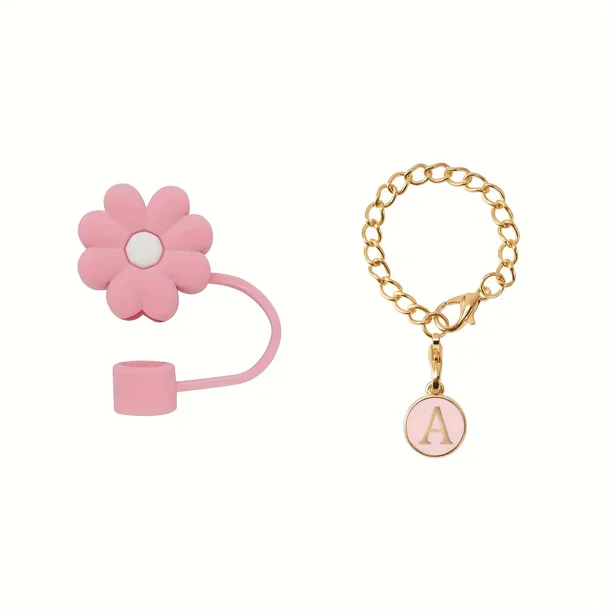 Abalorio de letra para taza Stanley, cadena de flores rosas, accesorios para asa de botella de agua, vaso, inicial personalizada, nombre, identificación, decoración