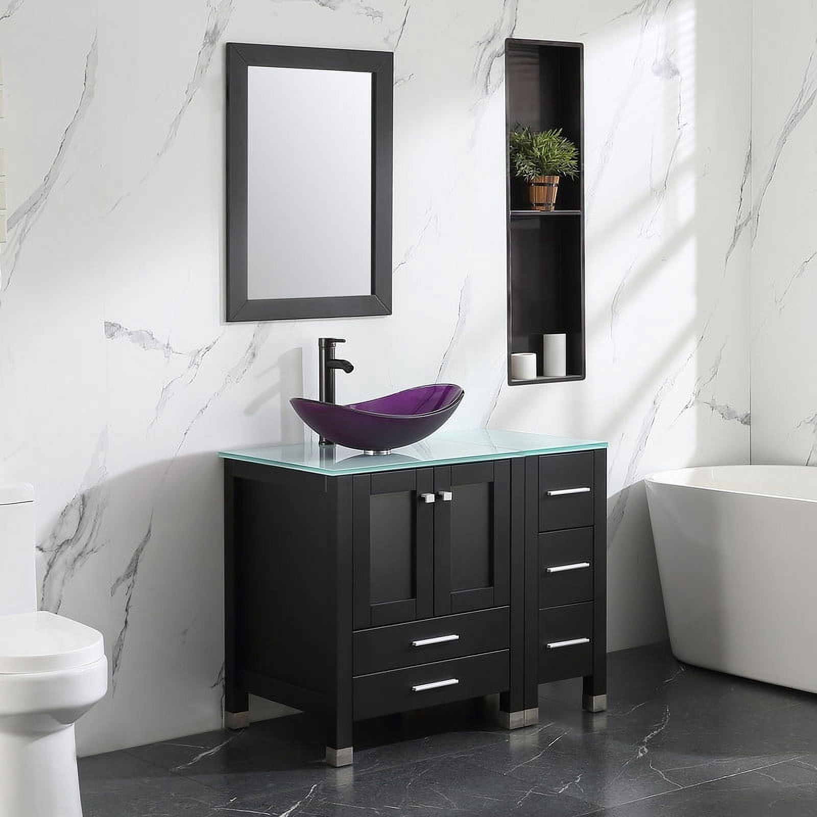 Walsport 36" Luxurious Bathroom Vanity with Purple Tempered Glass Vessel Sink Bowl and Countertop and Mirror and Faucet,Stand Floor Cabinet Bathroom Storage Vanity with Pop Up Drain,Black